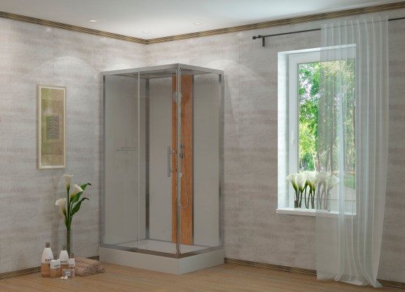 120/1 Душевая кабина 1806L/R-S 80*120*215 бамбук,низк.поддон,профиль-Хром,полка,белая задн.стенка,прозр.стёкла,4к